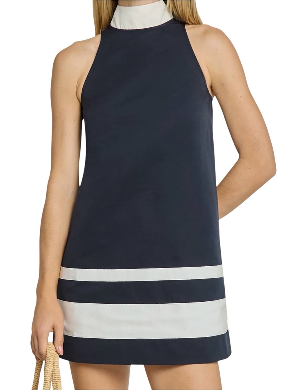 Kourt Few Moda Raelynn Mini Shift Dress Navy White Thick Neck Tie